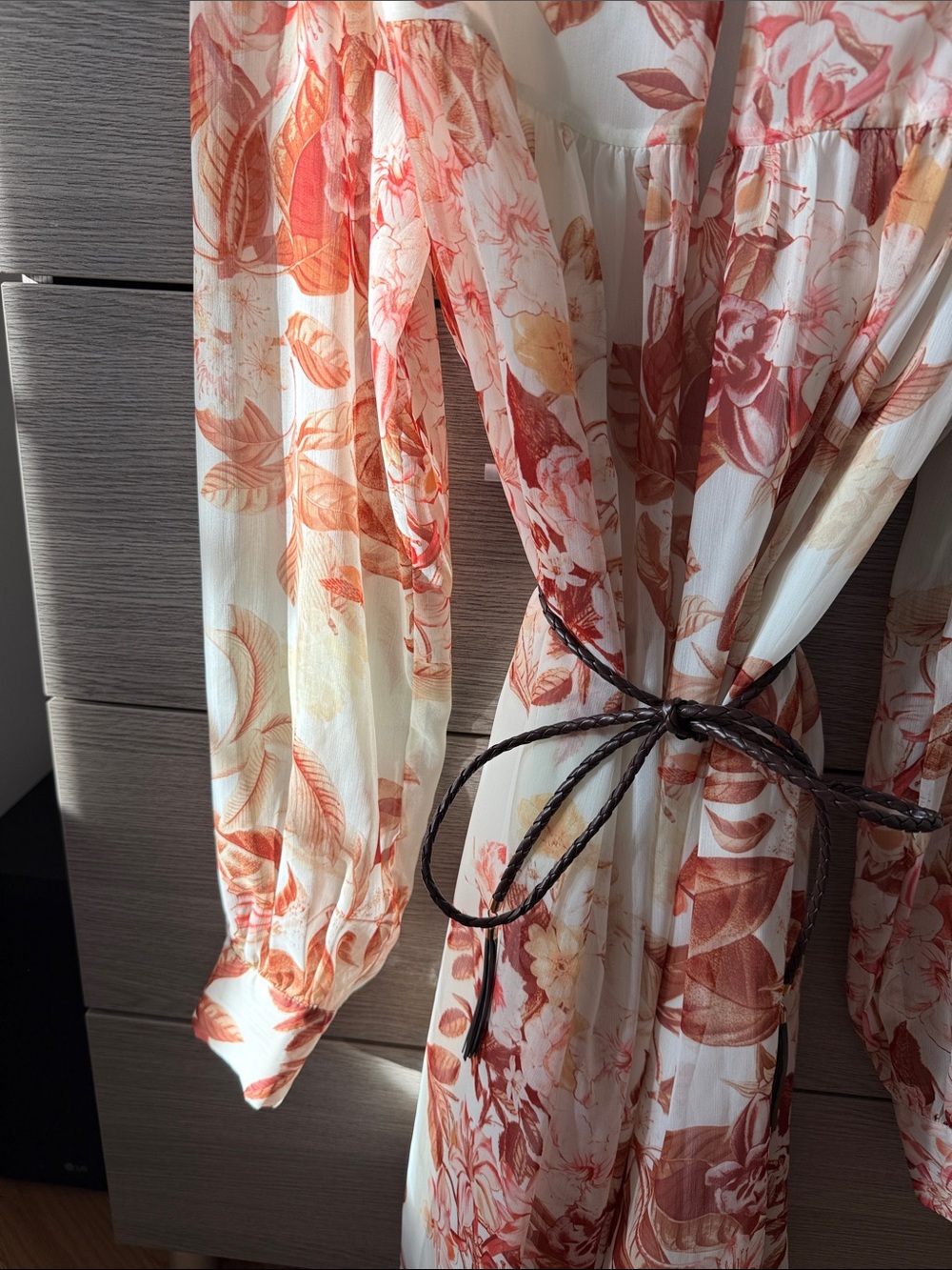 Guess Floral Button-Front Mini Dress in Cream and Rust Orange - Picture 6 of 8